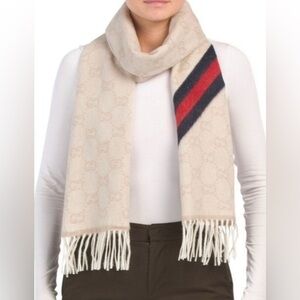 Gucci Fringed Wool Scarf with Signature Stripe